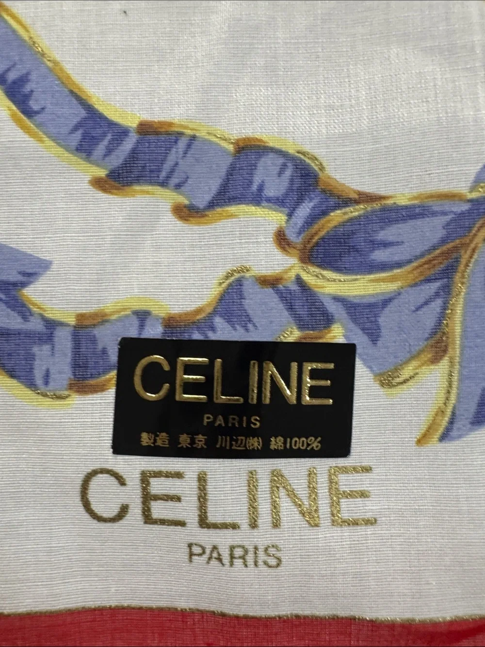 CELINE White Scarf Throw with Red, Blue & Gold Medallions